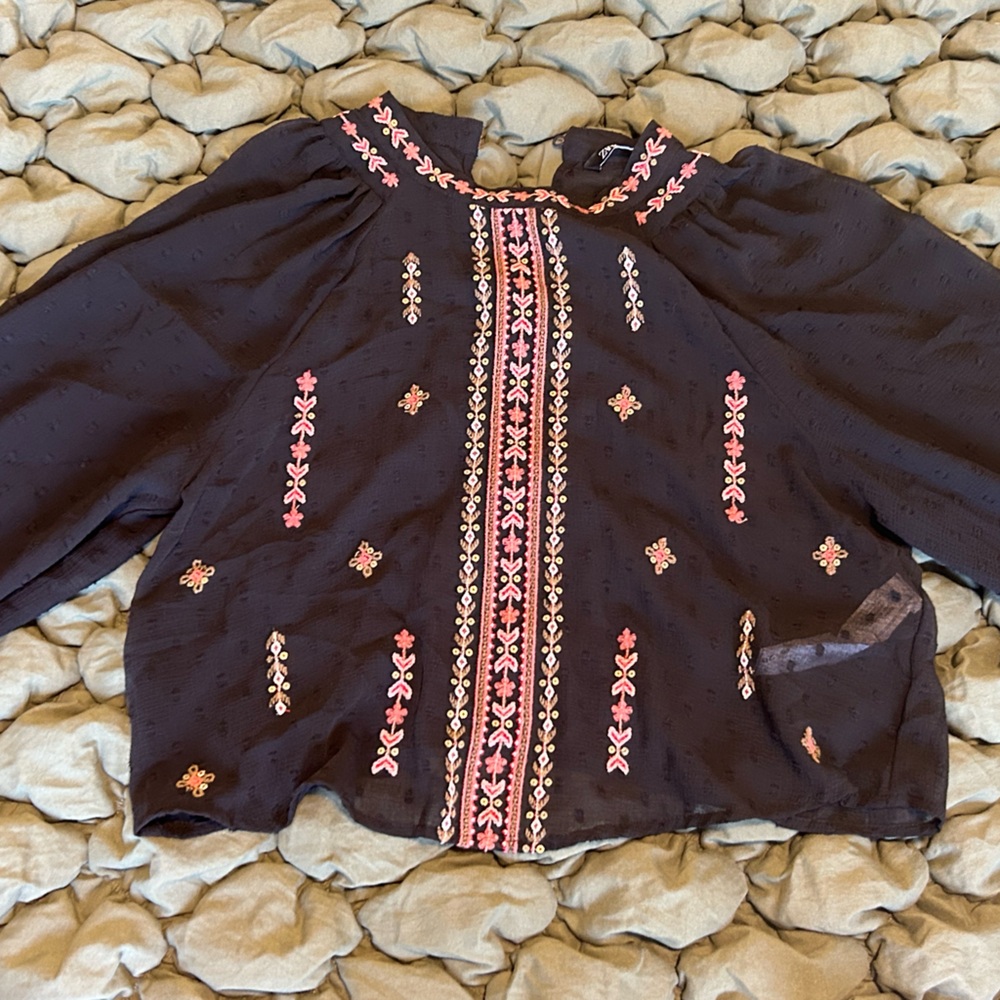 Zara Embroidered Black and Pink Sheer Women's Top